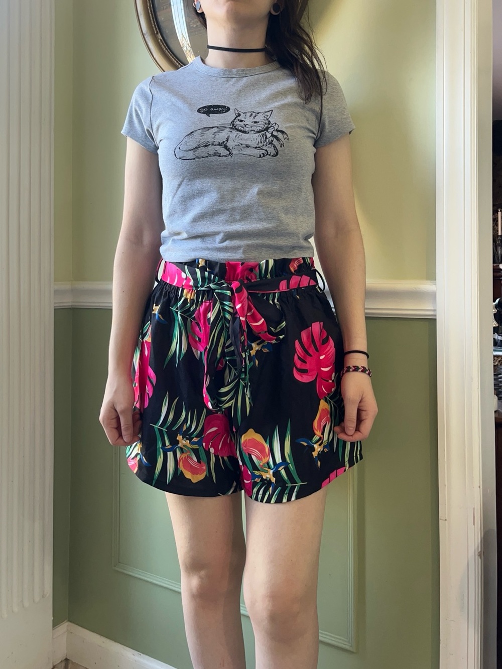 Shein floral palm black tie waist shorts